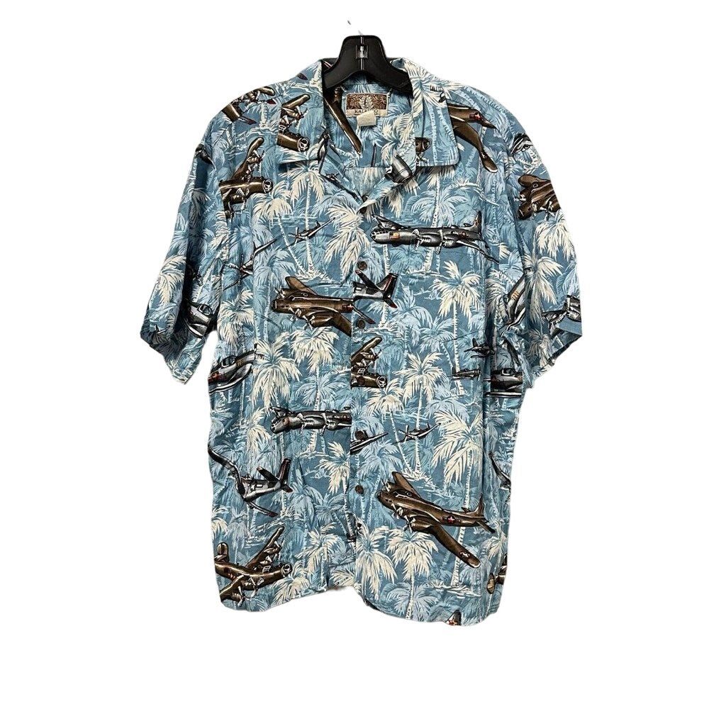 Kalaheo Camp Shirt‎ Mens XL Vacation Blue USA Vintage War Planes Palm Trees